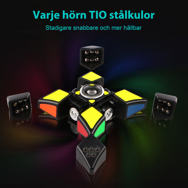 "Färgglad fidget Rubiks kub i svart, korall och ljusblå. Kombinerar stresslindring med rolig och mångsidig design."