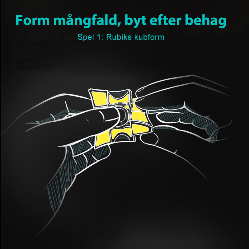 "Färgglad fidget Rubiks kub i svart, korall och ljusblå. Kombinerar stresslindring med rolig och mångsidig design."