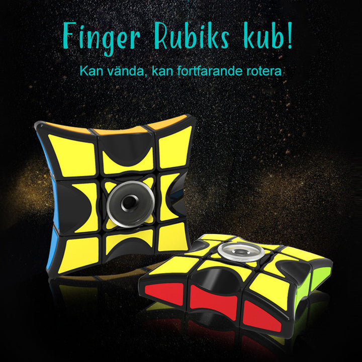 "Färgglad fidget Rubiks kub i svart, korall och ljusblå. Kombinerar stresslindring med rolig och mångsidig design."