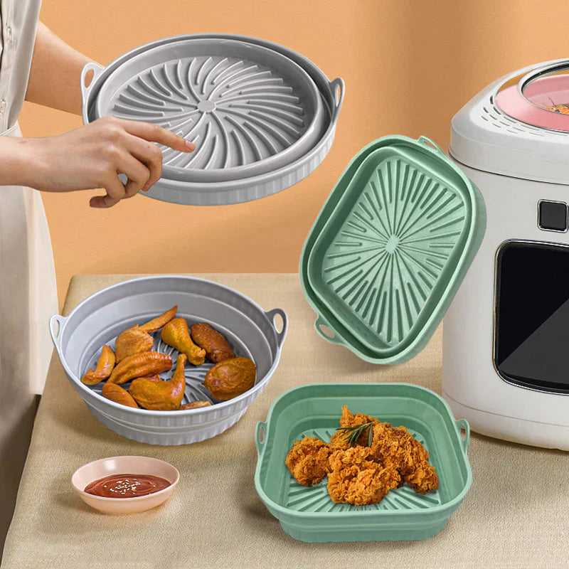 "Färgglad hopfällbar silikon air fryer grillpanna för kök, kvadratisk form, främjar hälsosam och enkel matlagning."