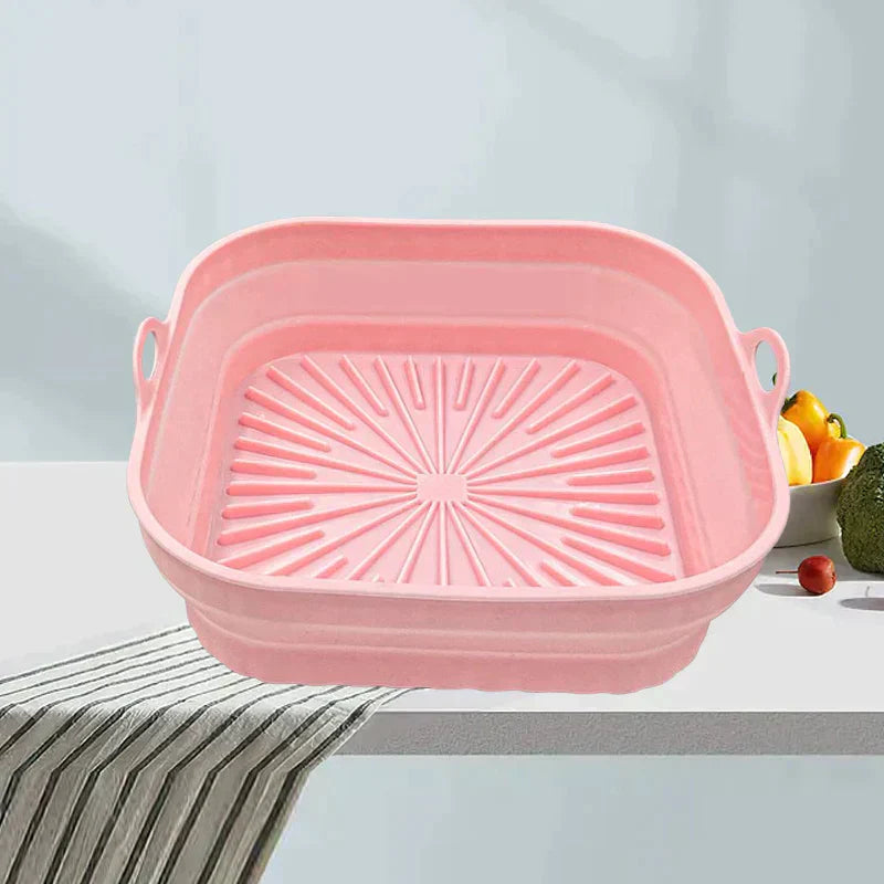 "Färgglad hopfällbar silikon air fryer grillpanna för kök, kvadratisk form, främjar hälsosam och enkel matlagning."