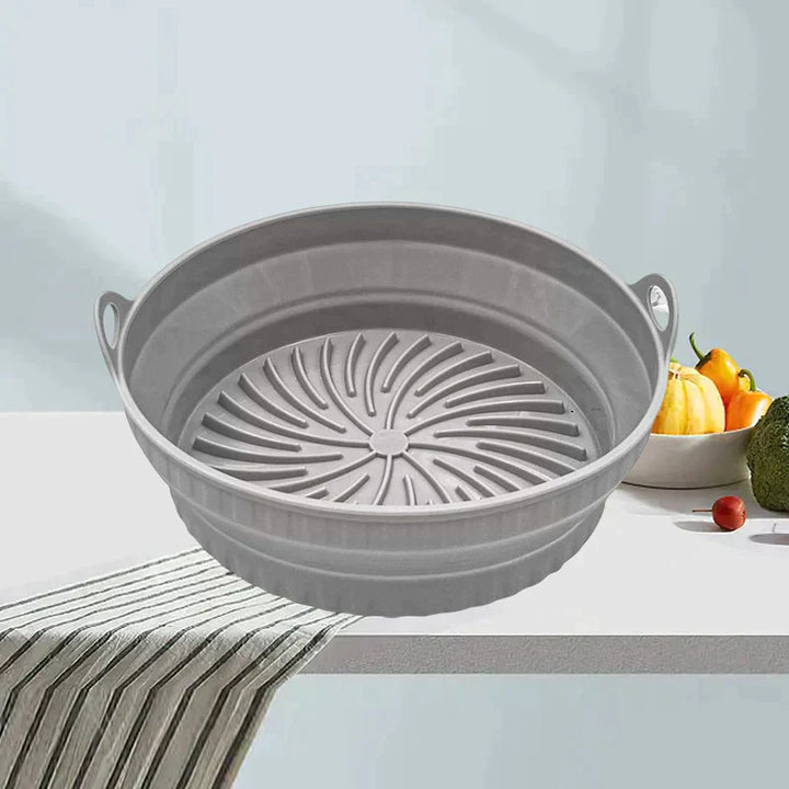 "Färgglad hopfällbar silikon air fryer grillpanna för kök, kvadratisk form, främjar hälsosam och enkel matlagning."