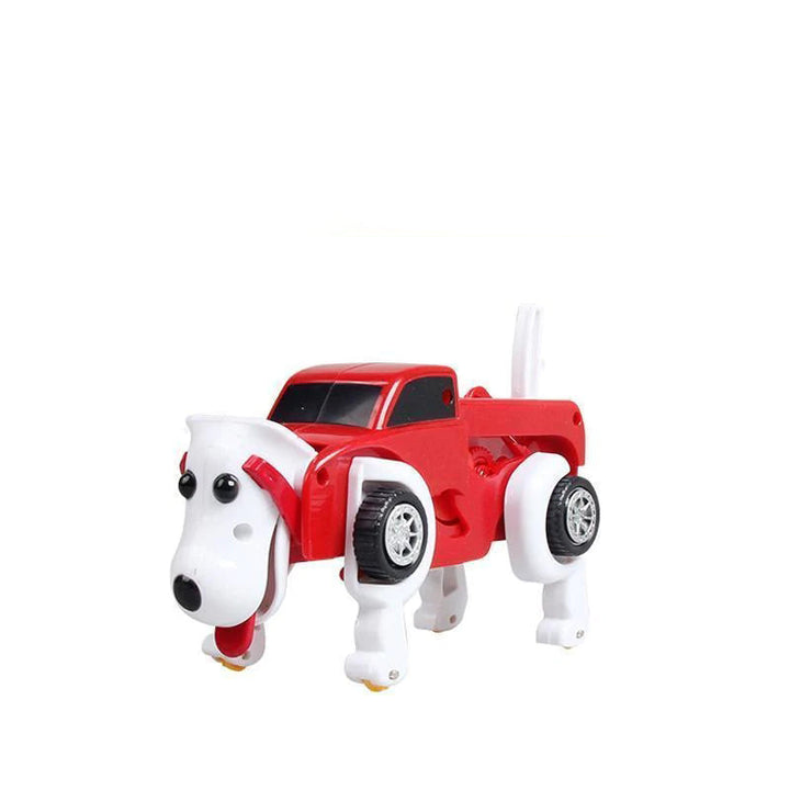 "Färgglad hundtransformatorbil för barn, omvandlas från hund till bil. Finns i blå, grön, röd, hållbar ABS-plast."