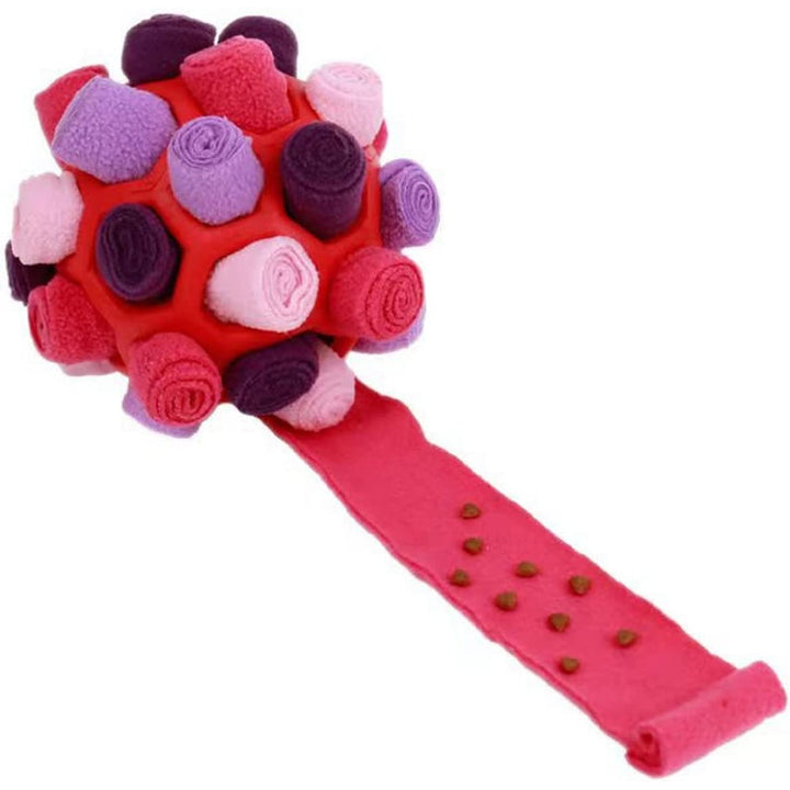 "Färgglad hundtuggleksak med Sniffe-Kulor för träning i polarfleece, lämplig för valpar och smådjur."