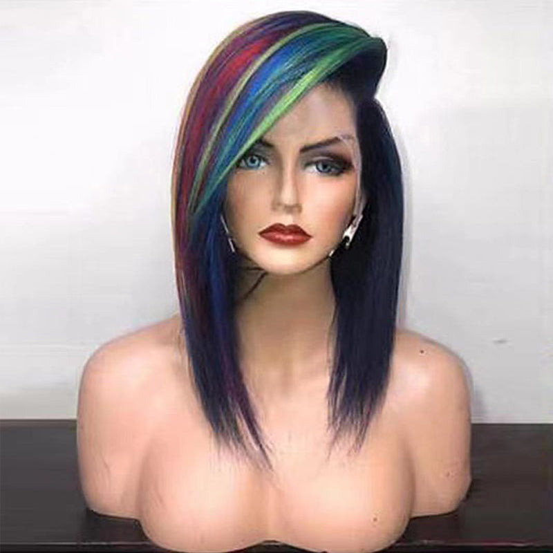 "Färgglad korthårig peruk för kvinnor, naturlig stil, varierande färger och realistisk design, perfekt för uttrycksfull stil.