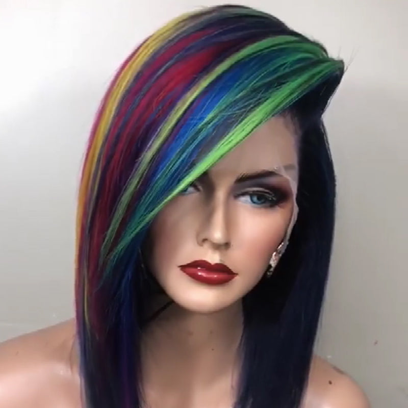 "Färgglad korthårig peruk för kvinnor, naturlig stil, varierande färger och realistisk design, perfekt för uttrycksfull stil.
