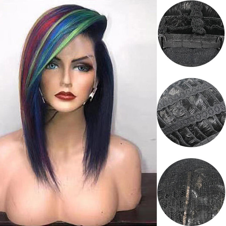 "Färgglad korthårig peruk för kvinnor, naturlig stil, varierande färger och realistisk design, perfekt för uttrycksfull stil.