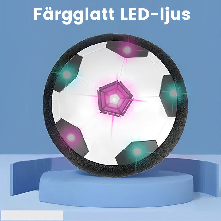 "Färgglad LED-fotboll med hover-effekt, perfekt för barn och husdjur att leka inomhus i mörka miljöer."