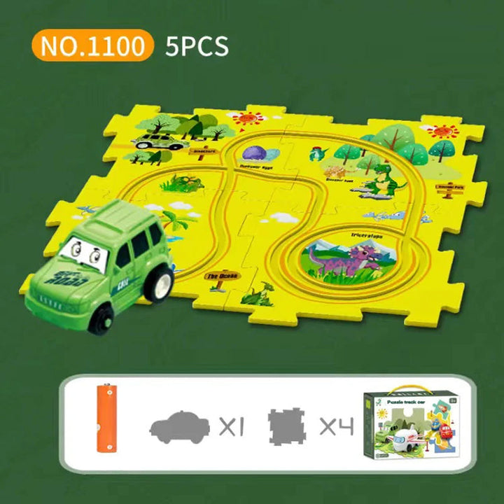 Färgglad pedagogisk bilbana med loopar och ramper, perfekt för barns kreativa lek och fantasifyllda äventyr.