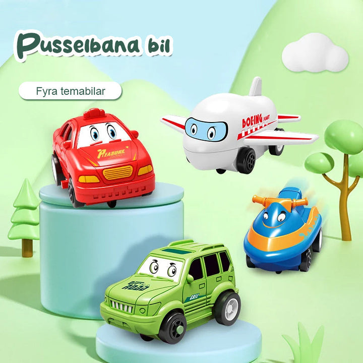 Färgglad pedagogisk bilbana med loopar och ramper, perfekt för barns kreativa lek och fantasifyllda äventyr.