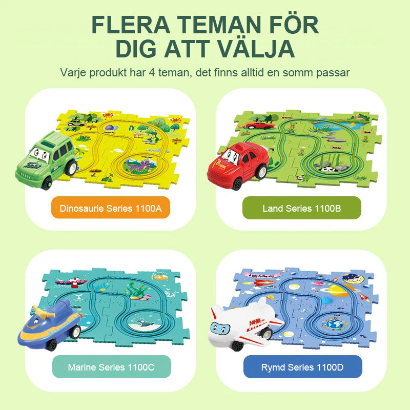Färgglad pedagogisk bilbana med loopar och ramper, perfekt för barns kreativa lek och fantasifyllda äventyr.