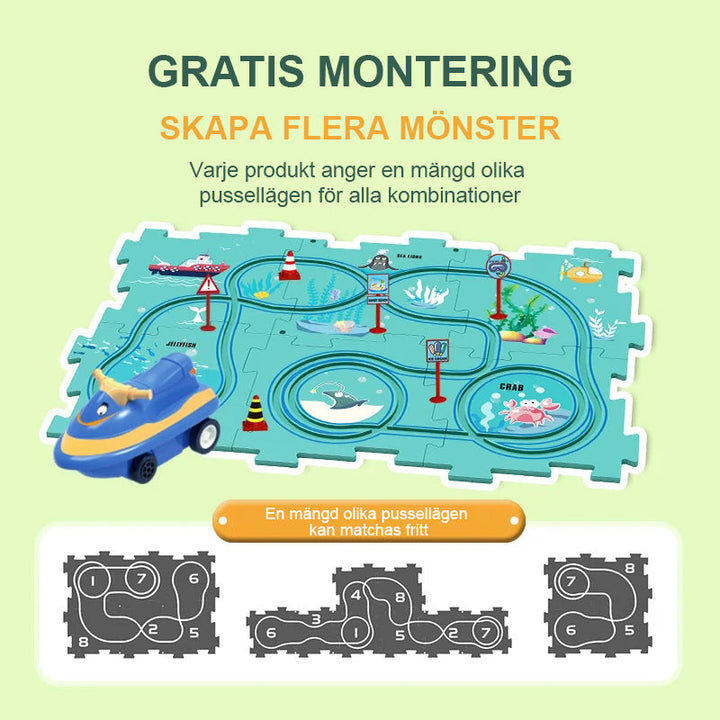 Färgglad pedagogisk bilbana med loopar och ramper, perfekt för barns kreativa lek och fantasifyllda äventyr.