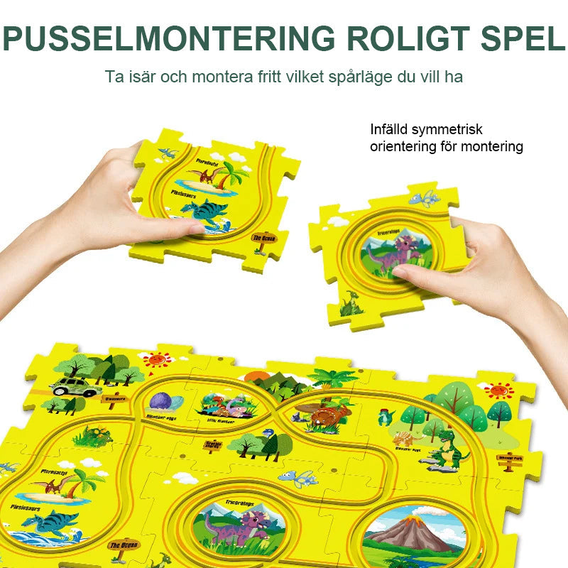 Färgglad pedagogisk bilbana med loopar och ramper, perfekt för barns kreativa lek och fantasifyllda äventyr.