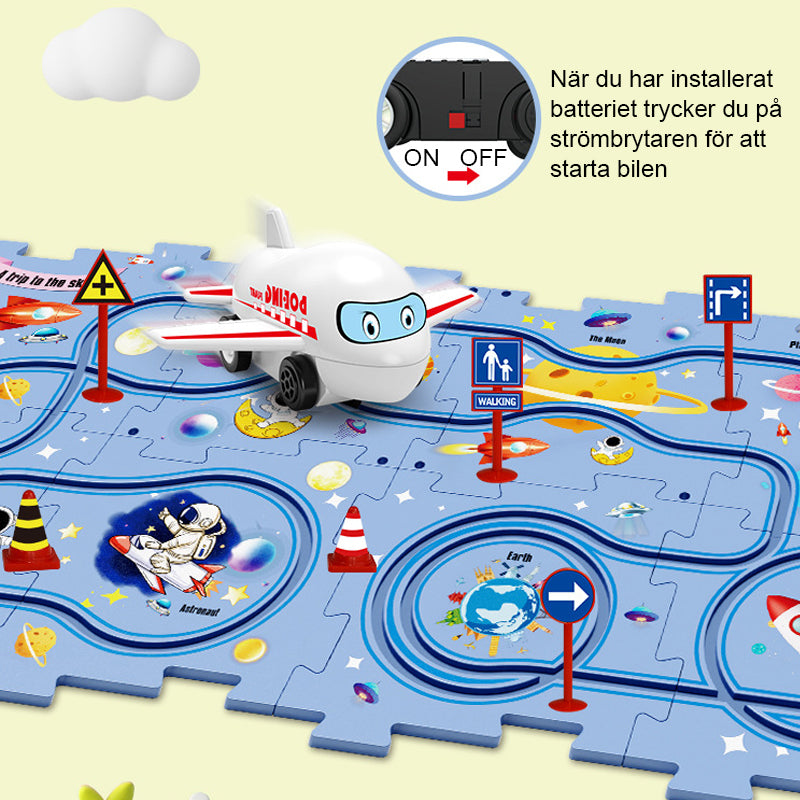 Färgglad pedagogisk bilbana med loopar och ramper, perfekt för barns kreativa lek och fantasifyllda äventyr.