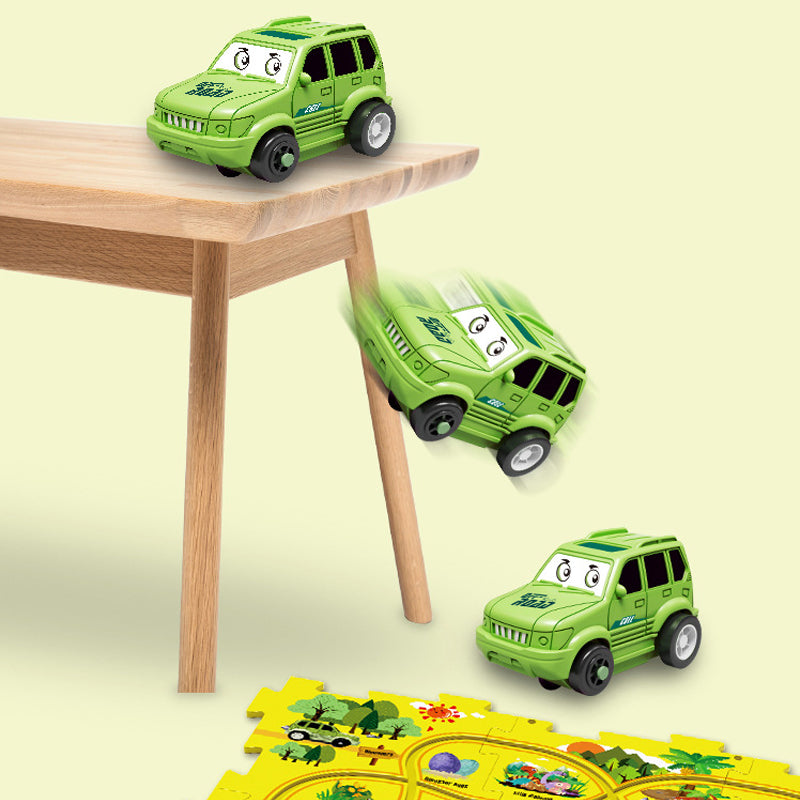 Färgglad pedagogisk bilbana med loopar och ramper, perfekt för barns kreativa lek och fantasifyllda äventyr.