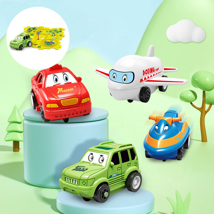 Färgglad pedagogisk bilbana med loopar och ramper, perfekt för barns kreativa lek och fantasifyllda äventyr.