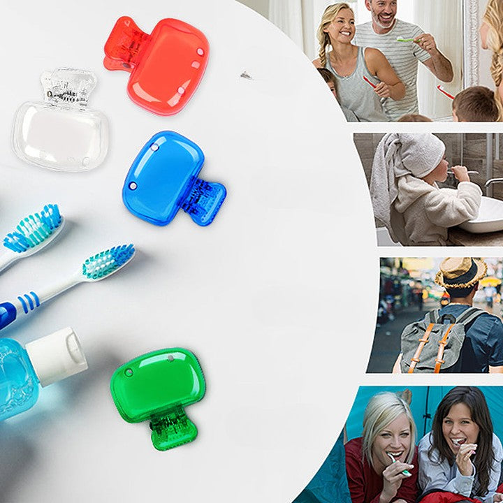 "Färgglad plasttandborstskyddshylsa, set med fem olika färger: transparent, blå, röd, grön, rosa. Idealisk för resor."