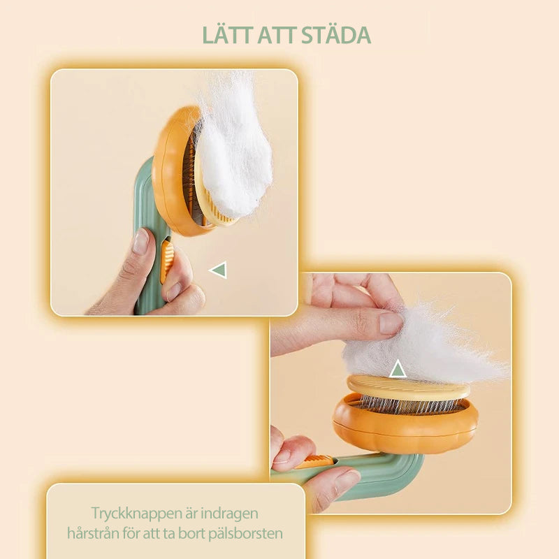 "Färgglad pumpaformad husdjursborste för hundar och katter med ergonomiskt grepp och böjda trådar för djup vård."