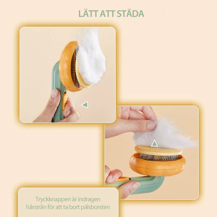 "Färgglad pumpaformad husdjursborste för hundar och katter med ergonomiskt grepp och böjda trådar för djup vård."