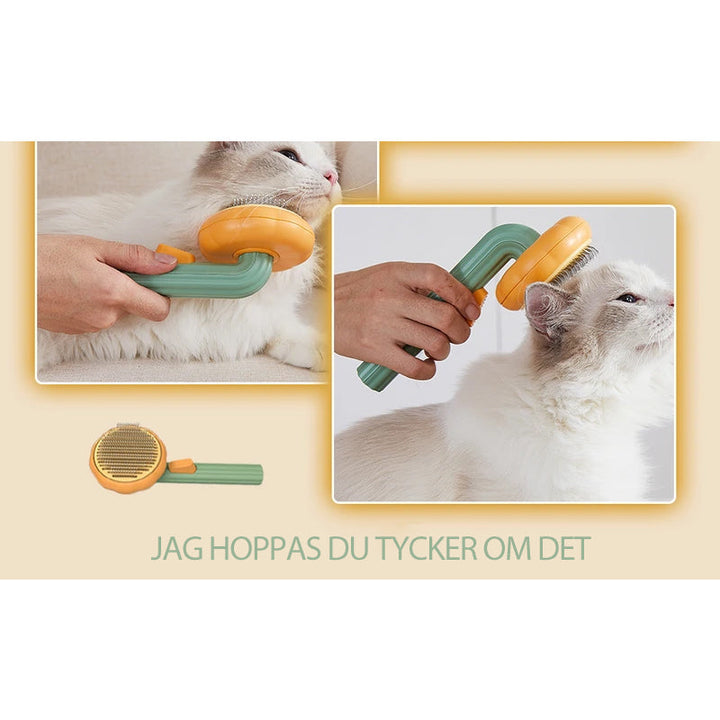 "Färgglad pumpaformad husdjursborste för hundar och katter med ergonomiskt grepp och böjda trådar för djup vård."