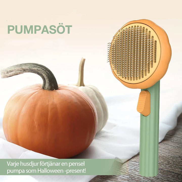 "Färgglad pumpaformad husdjursborste för hundar och katter med ergonomiskt grepp och böjda trådar för djup vård."