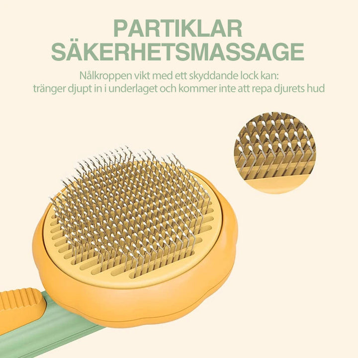 "Färgglad pumpaformad husdjursborste för hundar och katter med ergonomiskt grepp och böjda trådar för djup vård."