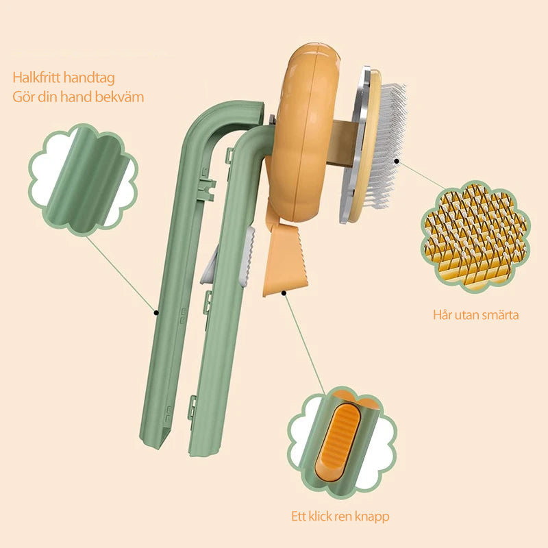 "Färgglad pumpaformad husdjursborste för hundar och katter med ergonomiskt grepp och böjda trådar för djup vård."