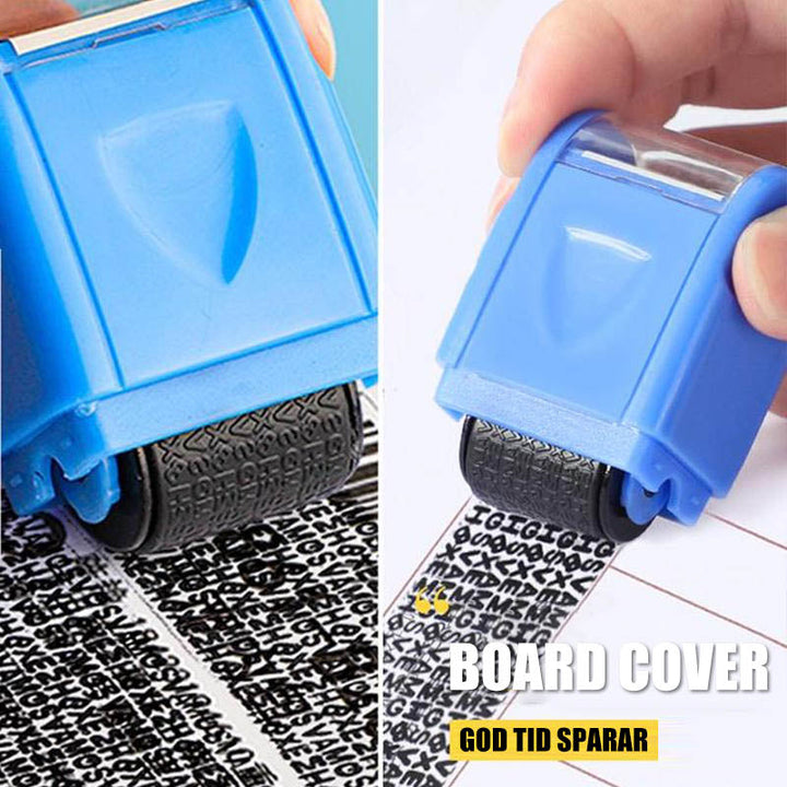 "Färgglad rullstämpel för integritetsskydd, döljer känslig info på dokument, snabb och enkel lösning för datasäkerhet."