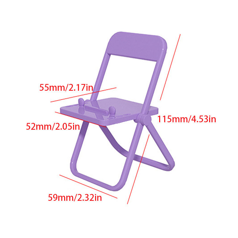 "Färgglad telefonhållare i stolform, kompakt design, finns i olika färger, perfekt för skrivbord, stilfull och praktisk."