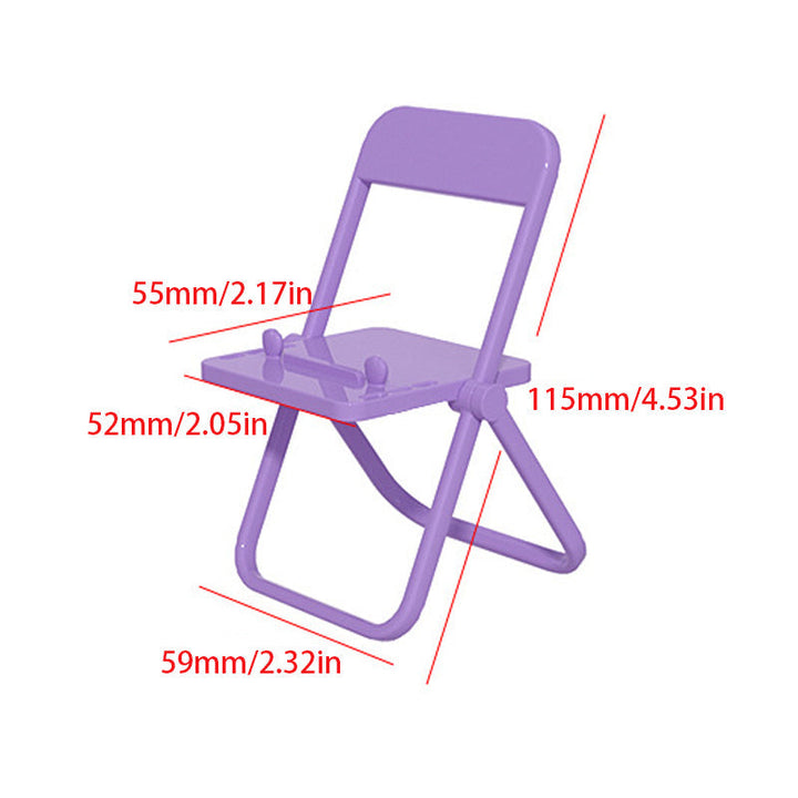 "Färgglad telefonhållare i stolform, kompakt design, finns i olika färger, perfekt för skrivbord, stilfull och praktisk."