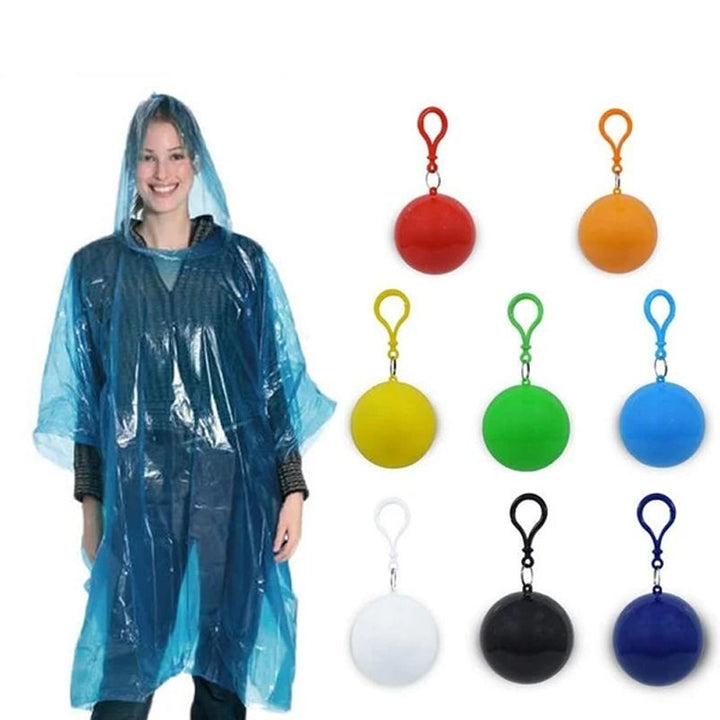 "Färgglad unisex regnponcho med kompakt förvaringsboll, idealisk för skydd i regn och lätt att bära med sig."