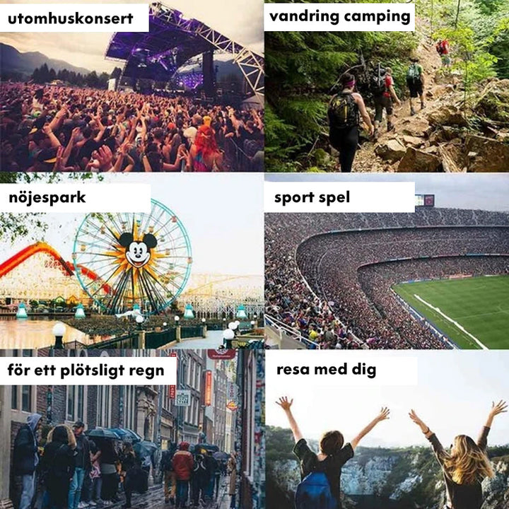 "Färgglad unisex regnponcho med kompakt förvaringsboll, idealisk för skydd i regn och lätt att bära med sig."