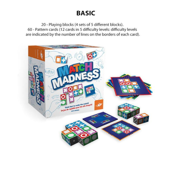 "Färgglada block och mönsterkort från Match Madness brädspel för barn, designad för att utveckla logiskt tänkande."