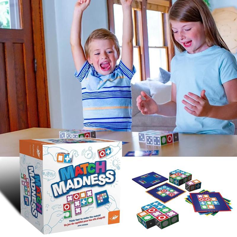 "Färgglada block och mönsterkort från Match Madness brädspel för barn, designad för att utveckla logiskt tänkande."