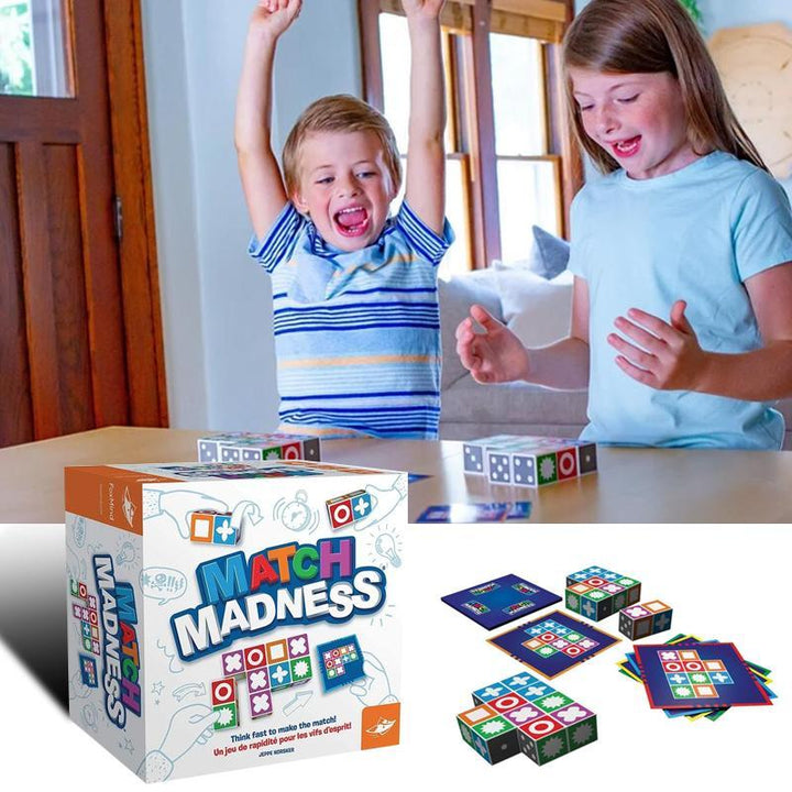 "Färgglada block och mönsterkort från Match Madness brädspel för barn, designad för att utveckla logiskt tänkande."