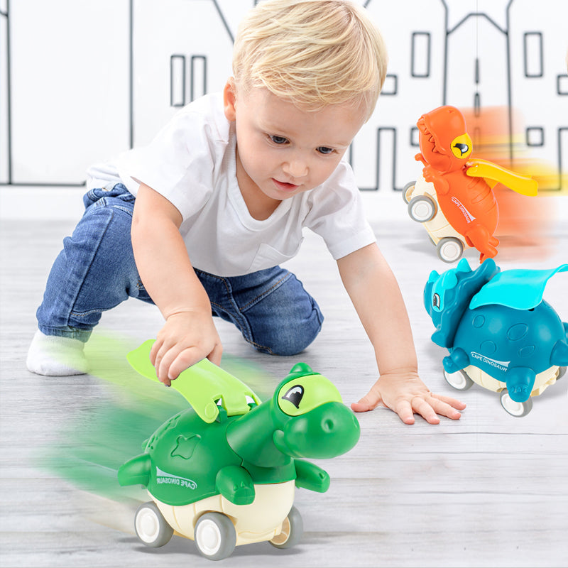 "Färgglada dinosauriebilar för barn, inkluderar Brachiosaurus och Tyrannosaurus, säker BPA-fri plast för små händer."