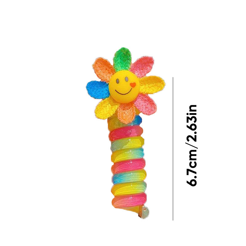 "Färgglada, elastiska hårband för barn med tecknade motiv och blommönster i flera färger, perfekta för daglig användning."