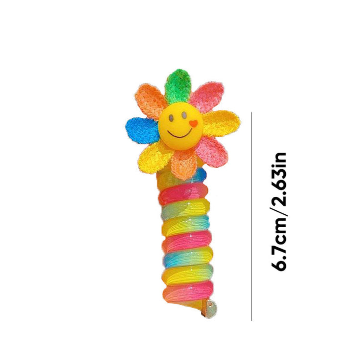 "Färgglada, elastiska hårband för barn med tecknade motiv och blommönster i flera färger, perfekta för daglig användning."