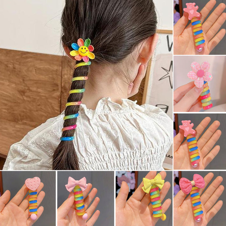 "Färgglada, elastiska hårband för barn med tecknade motiv och blommönster i flera färger, perfekta för daglig användning."