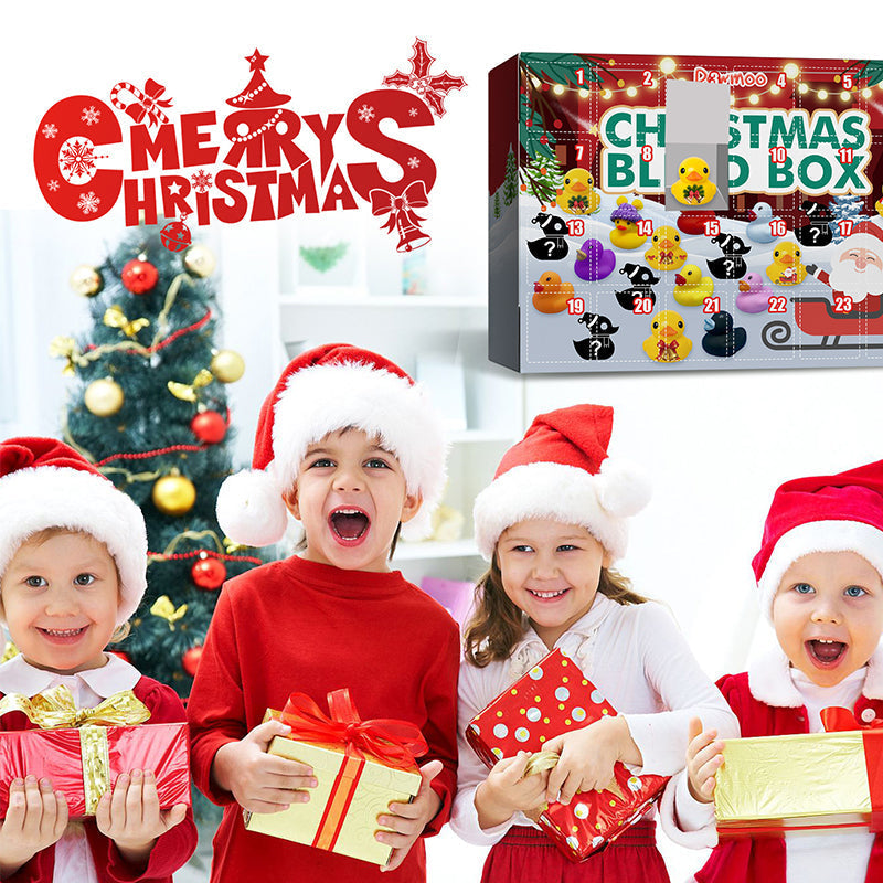 "Färgglada gummiankor i juldesign, adventskalender för barn, nedräkning till jul, leksak i set om 24 ankfigurer."