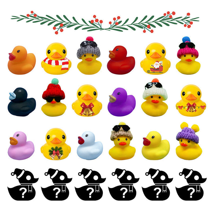 "Färgglada gummiankor i juldesign, adventskalender för barn, nedräkning till jul, leksak i set om 24 ankfigurer."