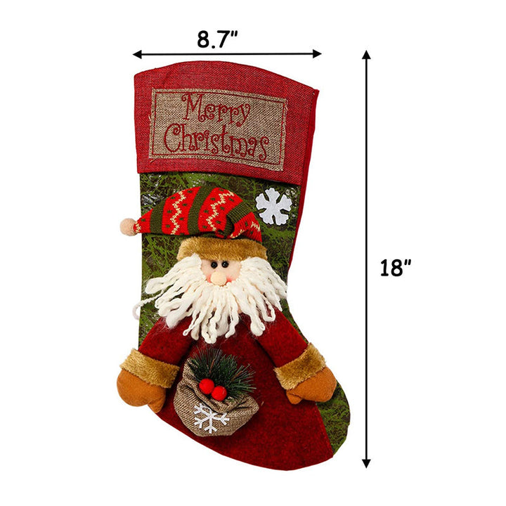 "Färgglada julstrumpor i plysch och stickat tyg med motiven Snögubbe, Tomten och Ren, perfekta för juldekoration."