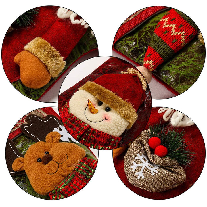 "Färgglada julstrumpor i plysch och stickat tyg med motiven Snögubbe, Tomten och Ren, perfekta för juldekoration."