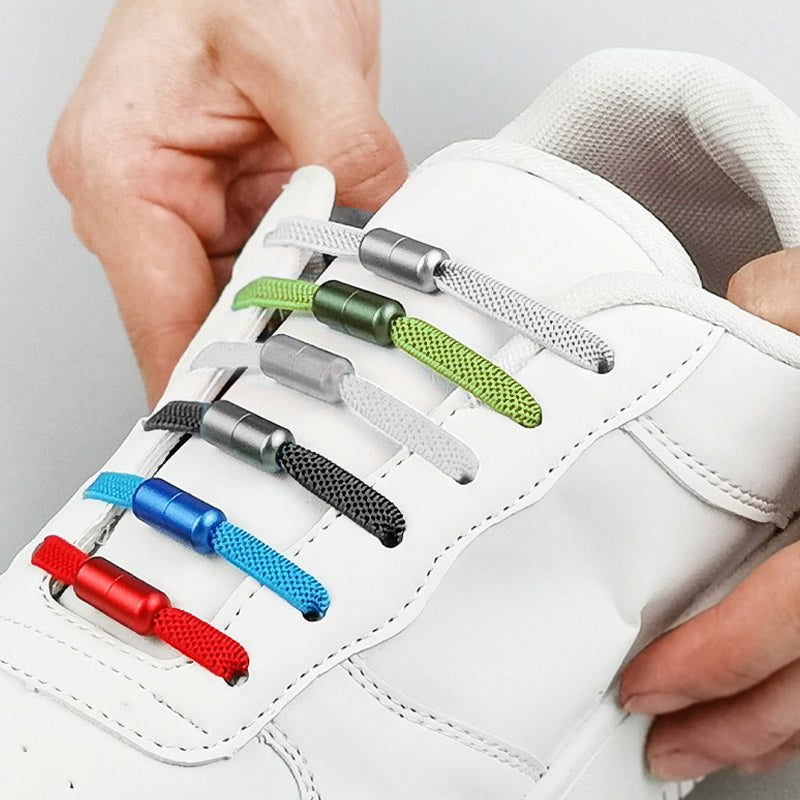 "Färgglada justerbara knytfria skosnören för damer, i elastiskt material med robust lås, visar randiga och enfärgade alternat