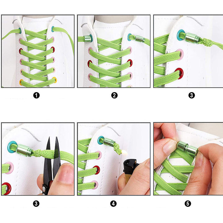 "Färgglada justerbara knytfria skosnören för damer, i elastiskt material med robust lås, visar randiga och enfärgade alternat