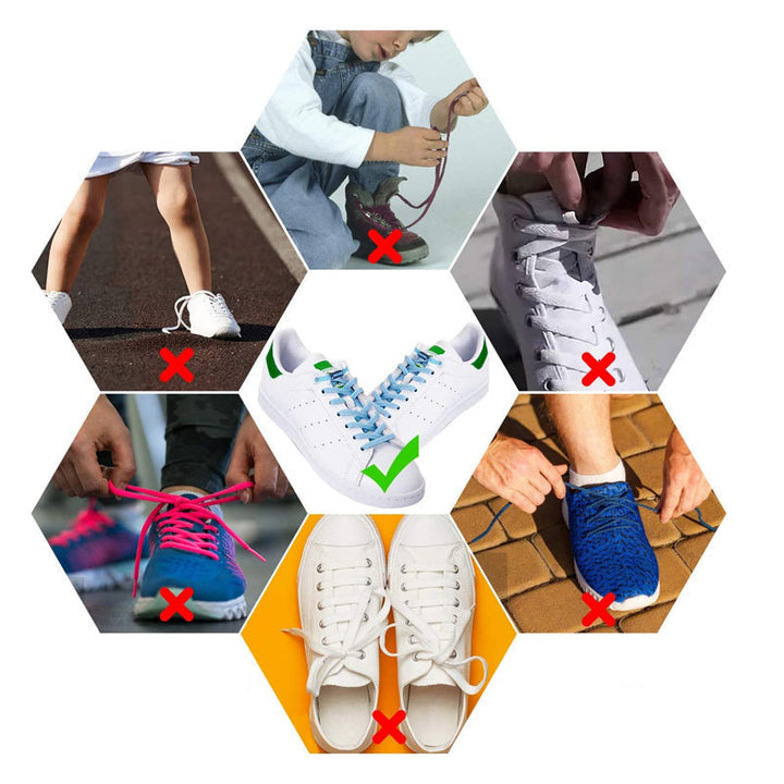 "Färgglada justerbara knytfria skosnören för damer, i elastiskt material med robust lås, visar randiga och enfärgade alternat