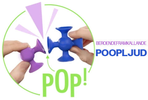 Färgglada POP! sugleksaker av BPA-fritt silikon, olika storlekar, fäster enkelt, stimulerar kreativitet och finmotorik.