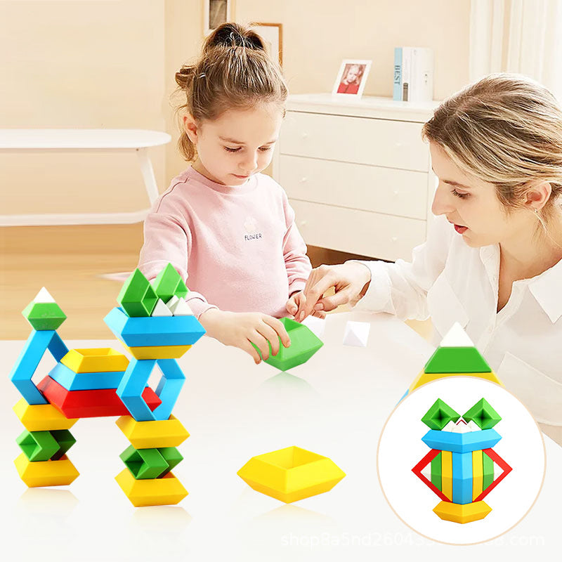 Färgglada pyramide stapelblock i ABS-plast för barn, främjar kreativitet och finmotorik, säkra med rundade hörn.