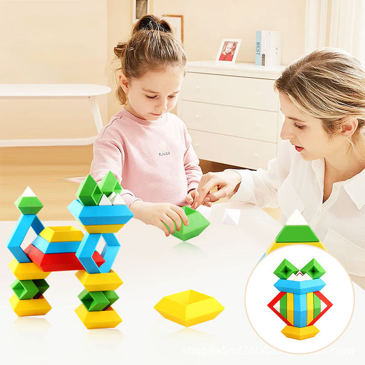 Färgglada pyramide stapelblock i ABS-plast för barn, främjar kreativitet och finmotorik, säkra med rundade hörn.