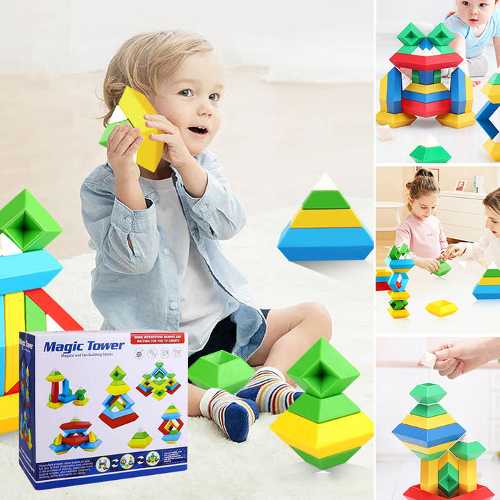 Färgglada pyramide stapelblock i ABS-plast för barn, främjar kreativitet och finmotorik, säkra med rundade hörn.
